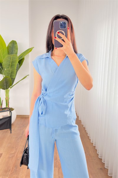 Beli Kuşak Bağlamalı Bluz Pantolon Bebe Mavisi Takım