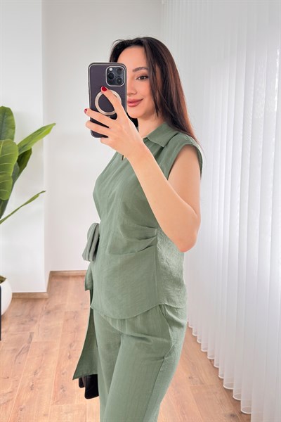 Beli Kuşak Bağlamalı Bluz Pantolon Haki Takım
