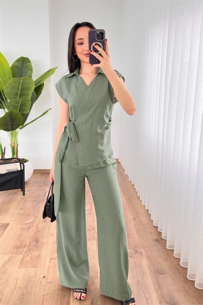 Beli Kuşak Bağlamalı Bluz Pantolon Haki Takım