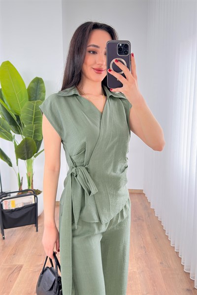 Beli Kuşak Bağlamalı Bluz Pantolon Haki Takım