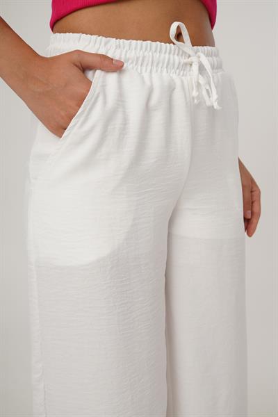 Beli Lastikli Bol Paça Beyaz Keten Pantolon
