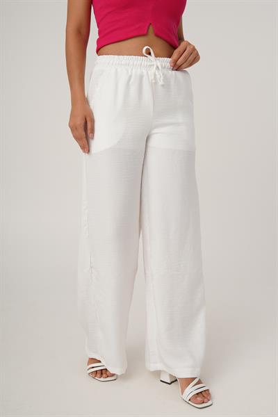 Beli Lastikli Bol Paça Beyaz Keten Pantolon