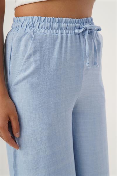 Beli Lastikli Bol Paça Mavi Keten Pantolon