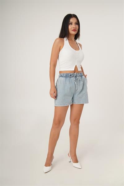 Beli Lastikli Cepli Mavi Kot Şort