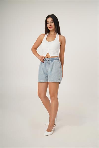 Beli Lastikli Cepli Mavi Kot Şort
