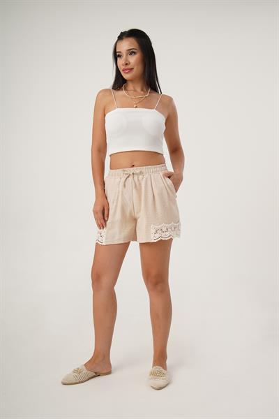Beli Lastikli Güpür Detay Bej Şort