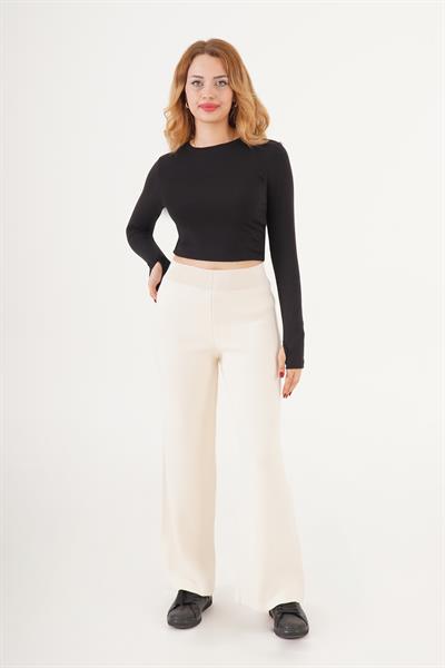 Beli Yüksek Bol Paça Bej Triko Pantolon