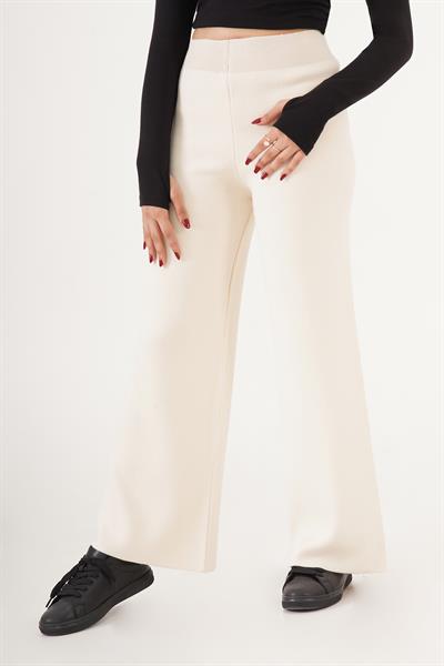 Beli Yüksek Bol Paça Bej Triko Pantolon