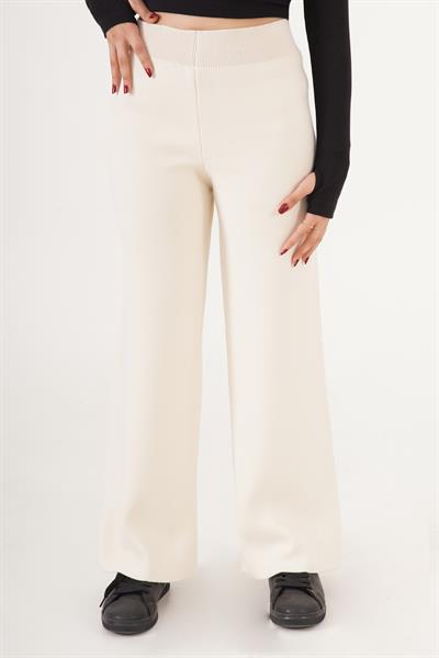 Beli Yüksek Bol Paça Bej Triko Pantolon