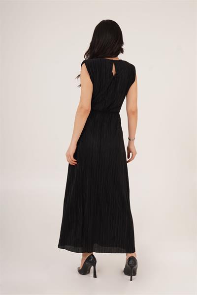 Vatkalı Astarlı Piliseli Bel Detaylı Zarif Siyah Elbise