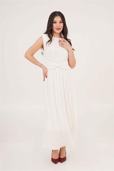 Vatkalı Astarlı Piliseli Bel Detaylı Zarif Beyaz Elbise