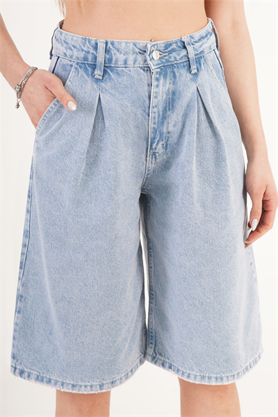 Bermuda Yüksek Bel Açık Mavi Denim Jorts