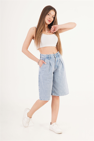 Bermuda Yüksek Bel Açık Mavi Denim Jorts