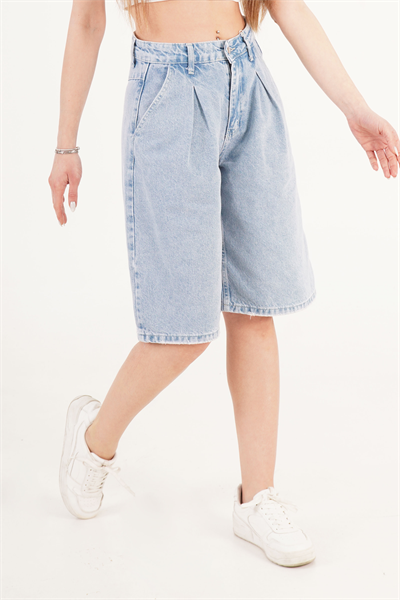 Bermuda Yüksek Bel Açık Mavi Denim Jorts
