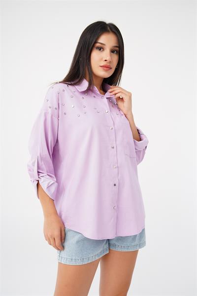 Beyoğlu Taşlı Mini Ekoseli Lila Gömlek