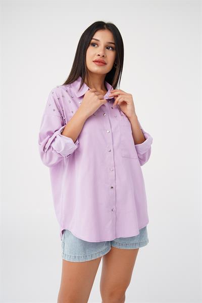 Beyoğlu Taşlı Mini Ekoseli Lila Gömlek
