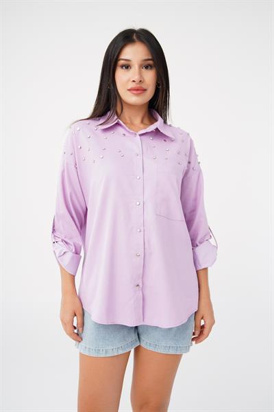 Beyoğlu Taşlı Mini Ekoseli Lila Gömlek