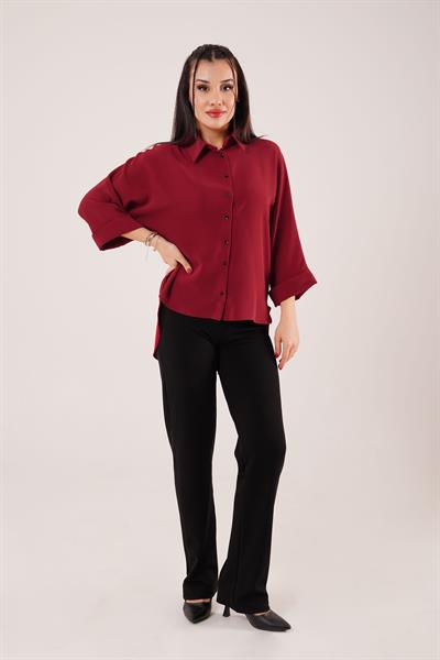 Bileği Katlamalı Arkası Uzun Bordo Gömlek