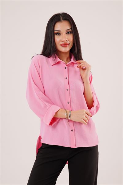 Bileği Katlamalı Arkası Uzun Pembe Gömlek