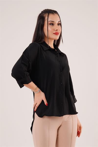 Bileği Katlamalı Arkası Uzun Siyah Gömlek