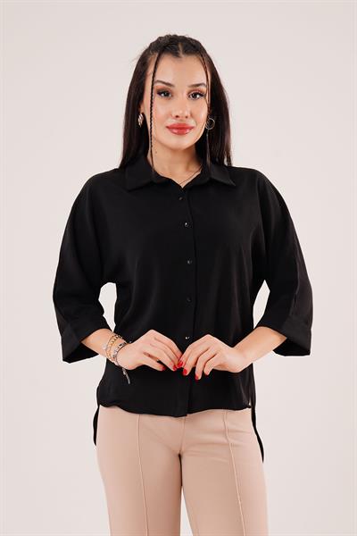 Bileği Katlamalı Arkası Uzun Siyah Gömlek