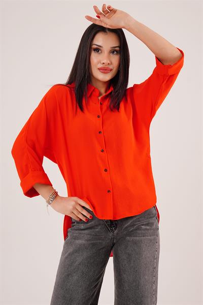 Bileği Katlamalı Arkası Uzun Turuncu Gömlek