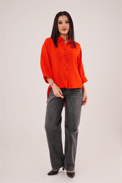 Bileği Katlamalı Arkası Uzun Turuncu Gömlek