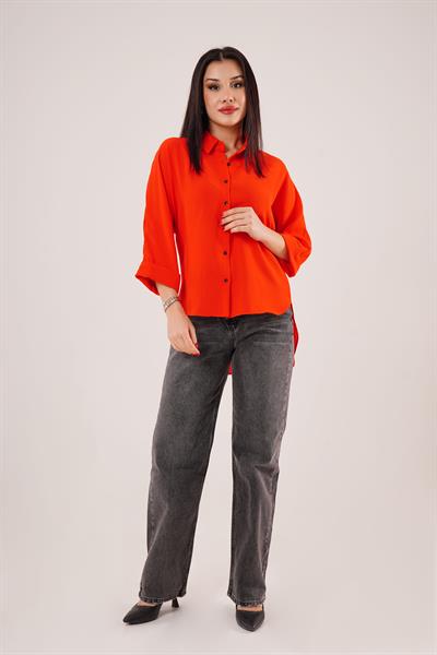 Bileği Katlamalı Arkası Uzun Turuncu Gömlek