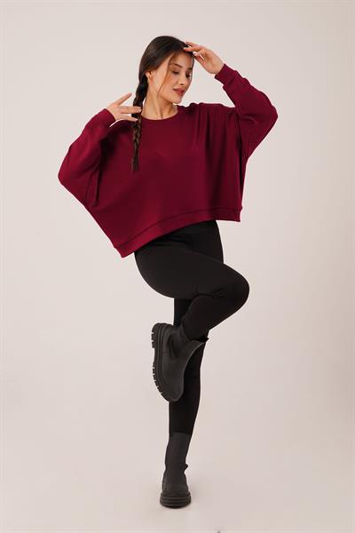 Bisiklet Yaka Basic Modal Bordo Sweatshirt