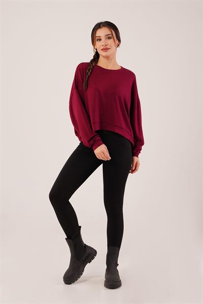 Bisiklet Yaka Basic Modal Bordo Sweatshirt