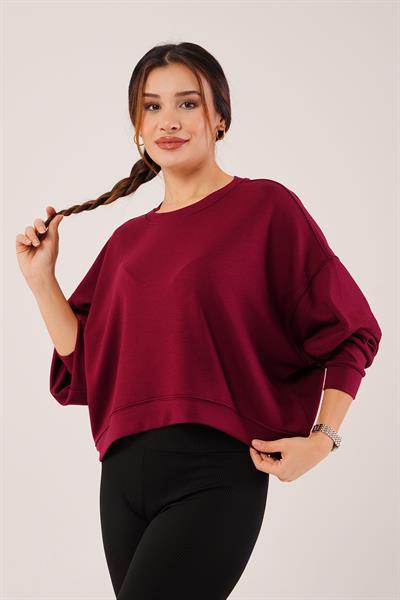 Bisiklet Yaka Basic Modal Bordo Sweatshirt