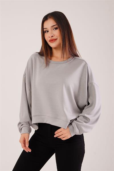 Bisiklet Yaka Basic Modal Gri Sweatshirt