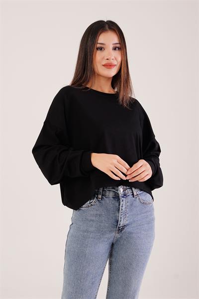 Bisiklet Yaka Basic Modal Siyah Sweatshirt