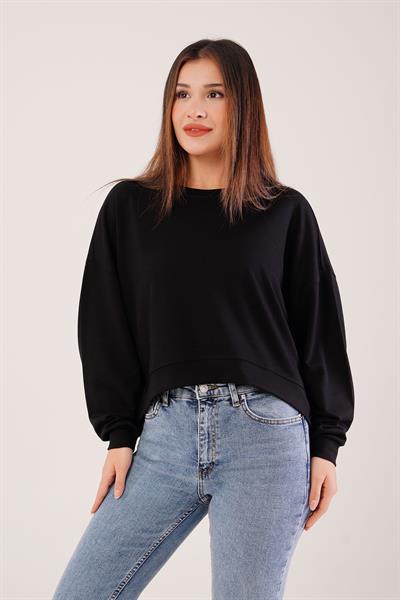 Bisiklet Yaka Basic Modal Siyah Sweatshirt