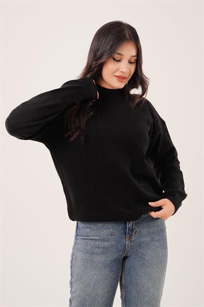 Kalın Yaka Ribanalı Basic Siyah Triko Kazak