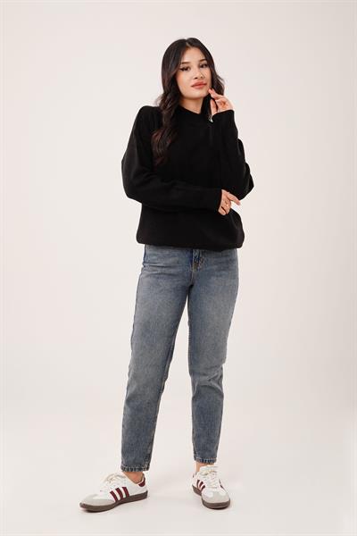 Kalın Yaka Ribanalı Basic Siyah Triko Kazak