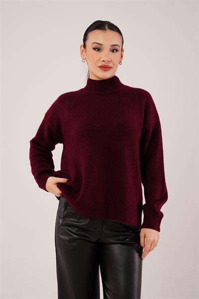 Yaka Ribanalı Bordo Triko Kazak	