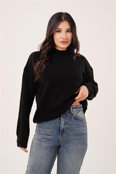 Kalın Yaka Ribanalı Basic Siyah Triko Kazak