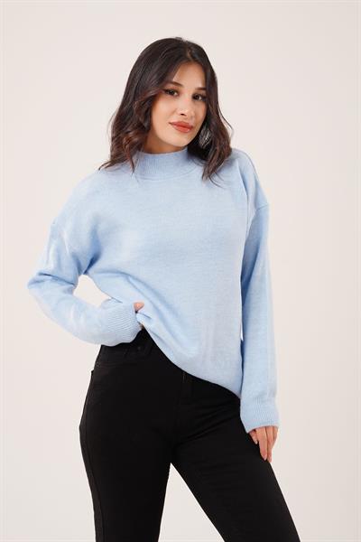 Kalın Yaka Ribanalı Basic Bebe Mavisi Triko Kazak