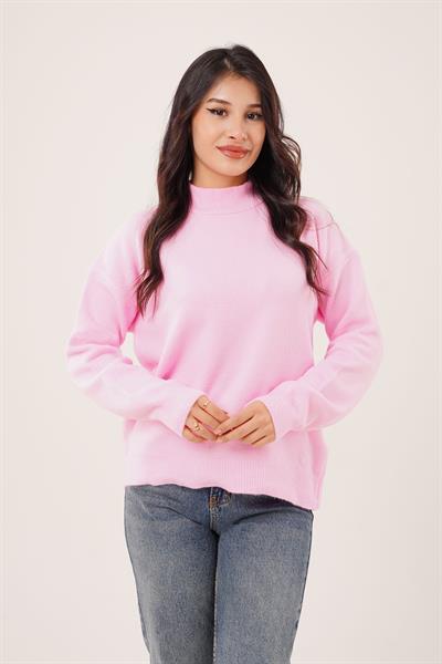 Kalın Yaka Ribanalı Basic Pembe Triko Kazak