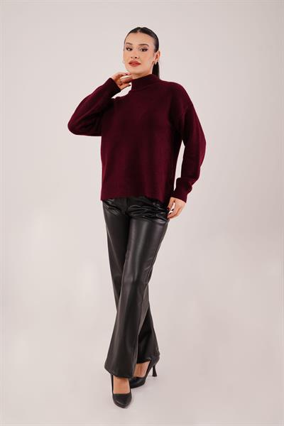 Yaka Ribanalı Bordo Triko Kazak	