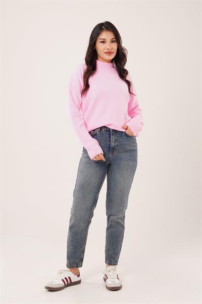 Kalın Yaka Ribanalı Basic Pembe Triko Kazak