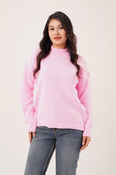 Kalın Yaka Ribanalı Basic Pembe Triko Kazak