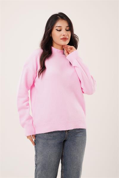 Kalın Yaka Ribanalı Basic Pembe Triko Kazak