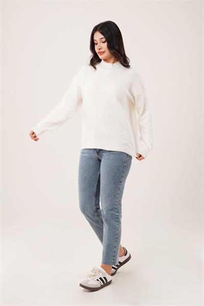 Kalın Yaka Ribanalı Basic Beyaz Triko Kazak
