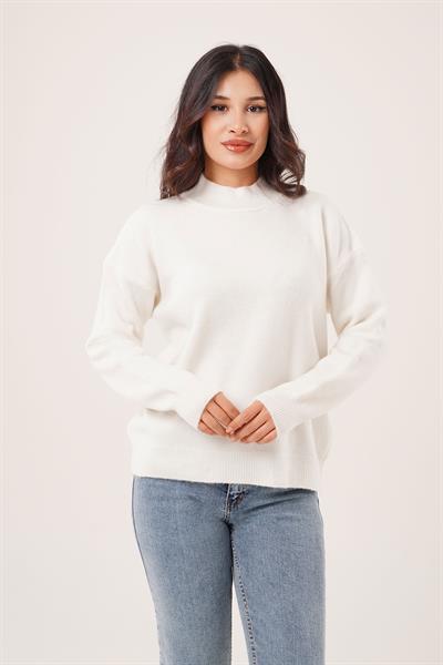 Kalın Yaka Ribanalı Basic Beyaz Triko Kazak