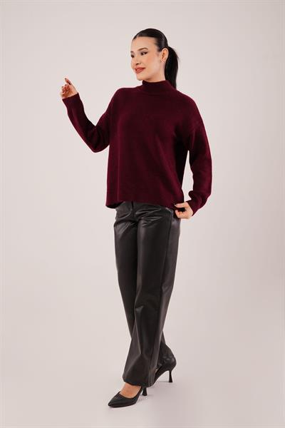 Yaka Ribanalı Bordo Triko Kazak	