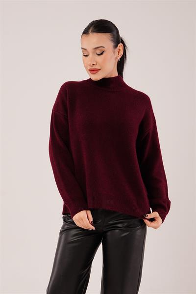 Yaka Ribanalı Bordo Triko Kazak	