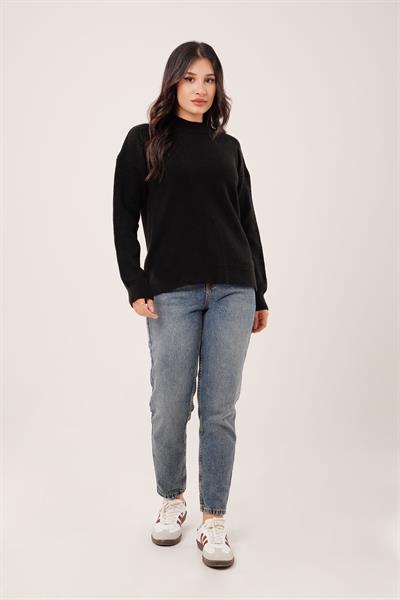 Kalın Yaka Ribanalı Basic Siyah Triko Kazak