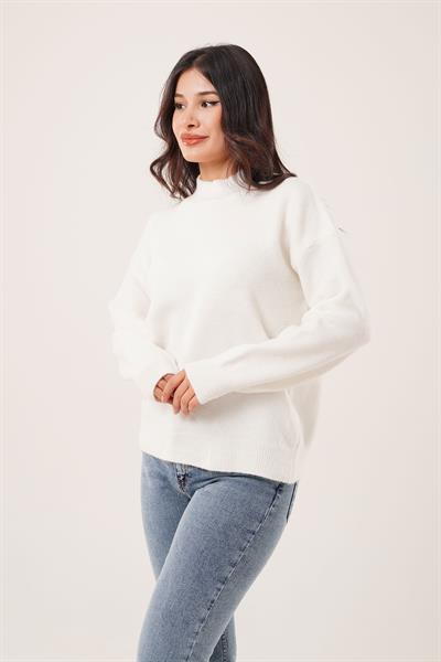 Kalın Yaka Ribanalı Basic Beyaz Triko Kazak